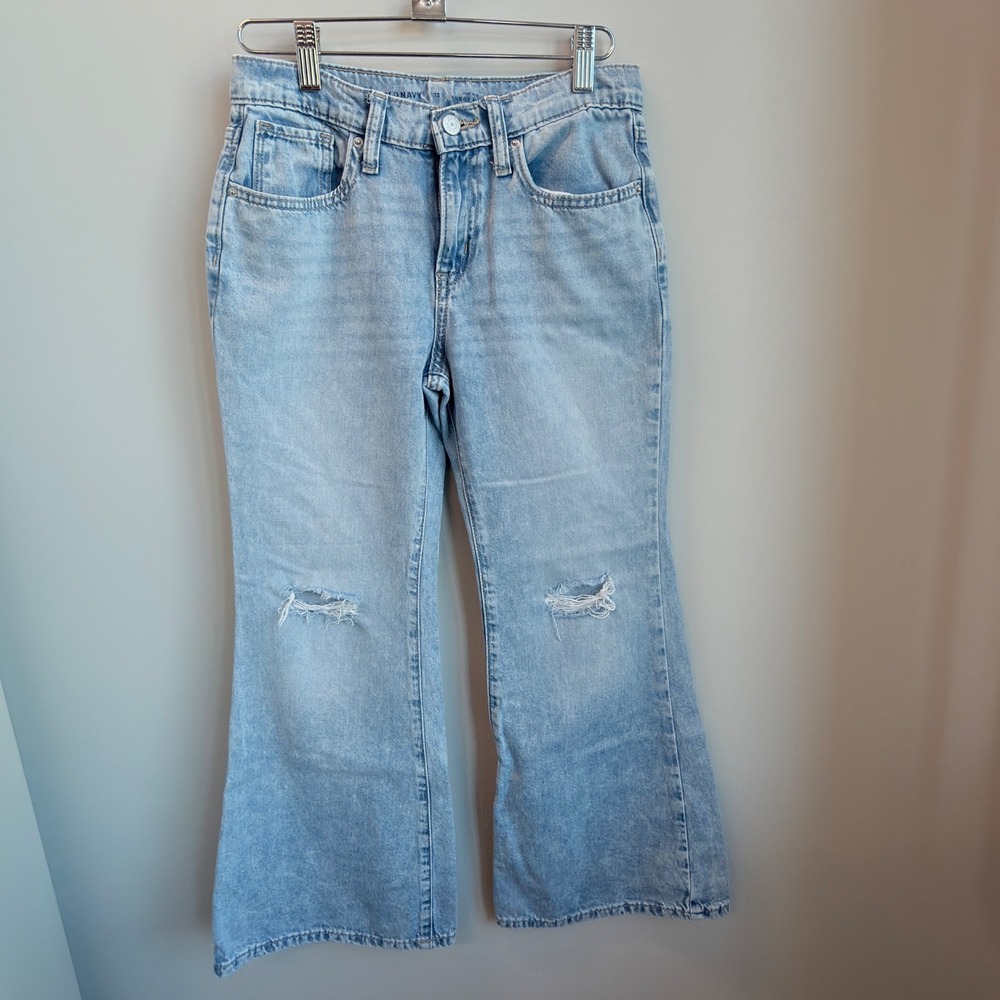 Old Navy Baggy Flare Jeans Girls 12 Light Blue Excellent Distressed High Rise